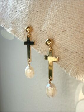 Handmade 14k Gold Filled Cross & Freshwater Pearl Post Earrings